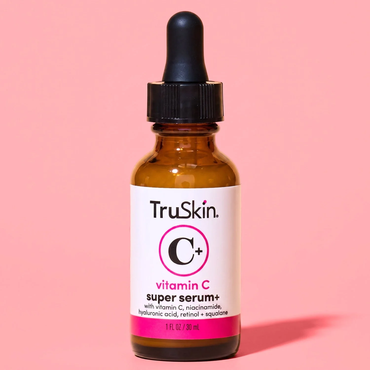 TruSkin Vitamin C Super Serum+ in an amber one-ounce dropper bottle.