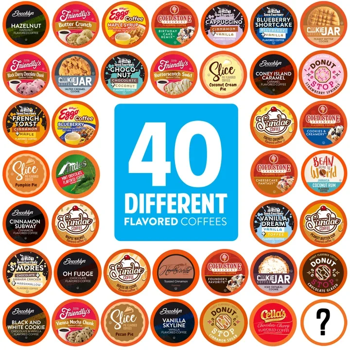 Two Rivers Coffee 40-count sampler graphic showing assorted flavored coffee pods.