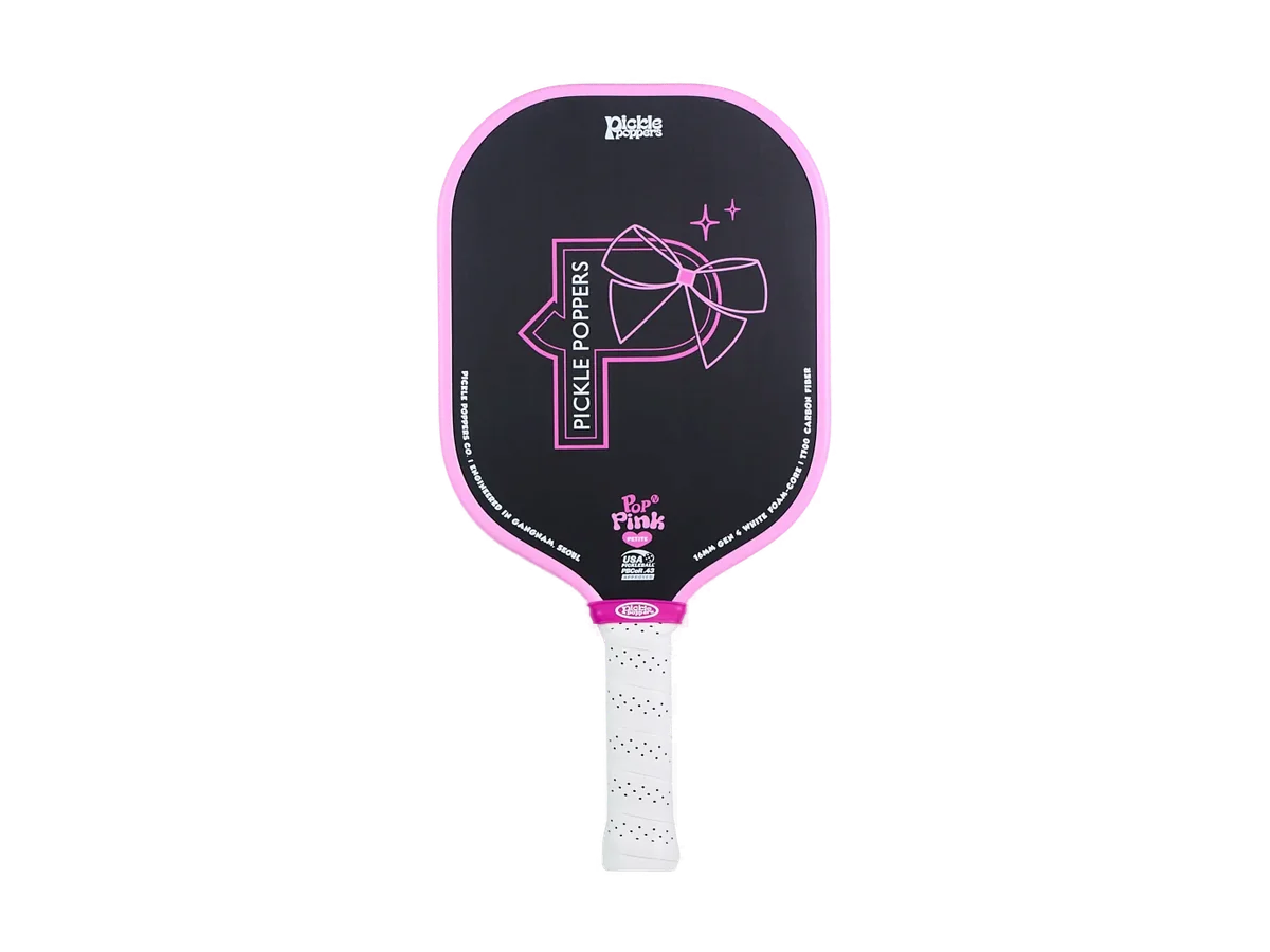 Pickle Poppers POP N Pink EverGrit widebody pickleball paddle isolated on a transparent background