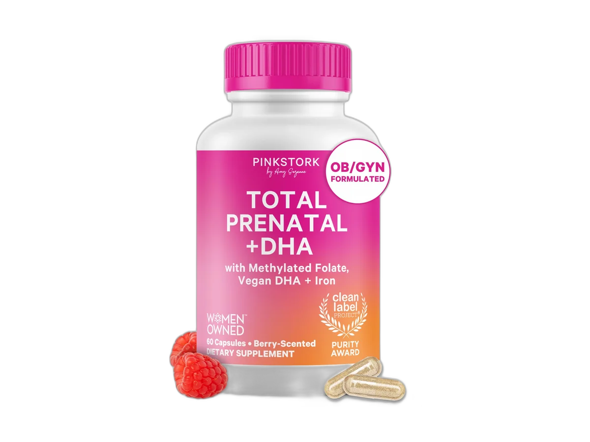 Pink Stork Total Prenatal + DHA bottle, berry flavor