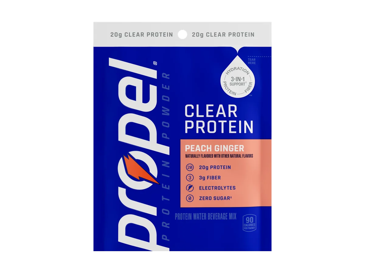 Propel Clear Protein Peach Ginger five-serving pouch.
