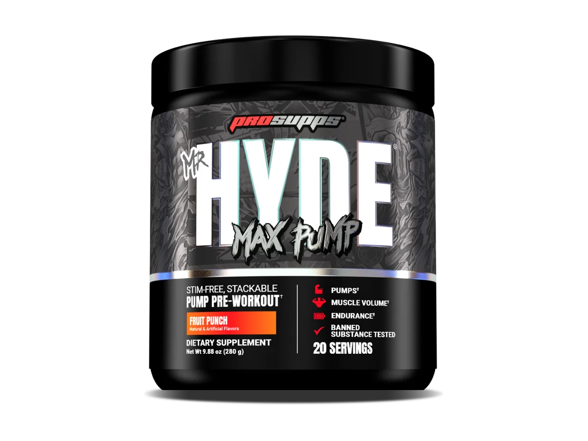 ProSupps Mr. HYDE Max Pump Fruit Punch tub with its front label facing forward.