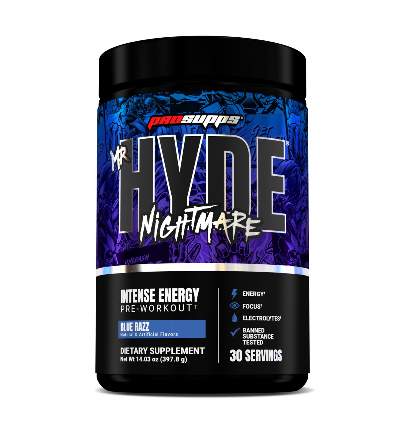 ProSupps Mr. HYDE Nightmare V2 Blue Razz tub isolated on a transparent background