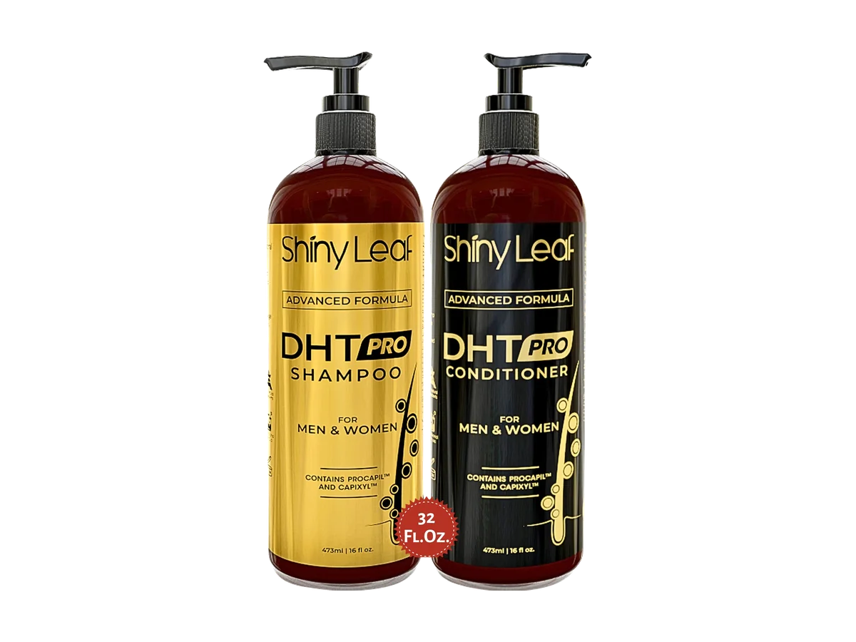 Shiny Leaf DHT Pro shampoo and conditioner bottles