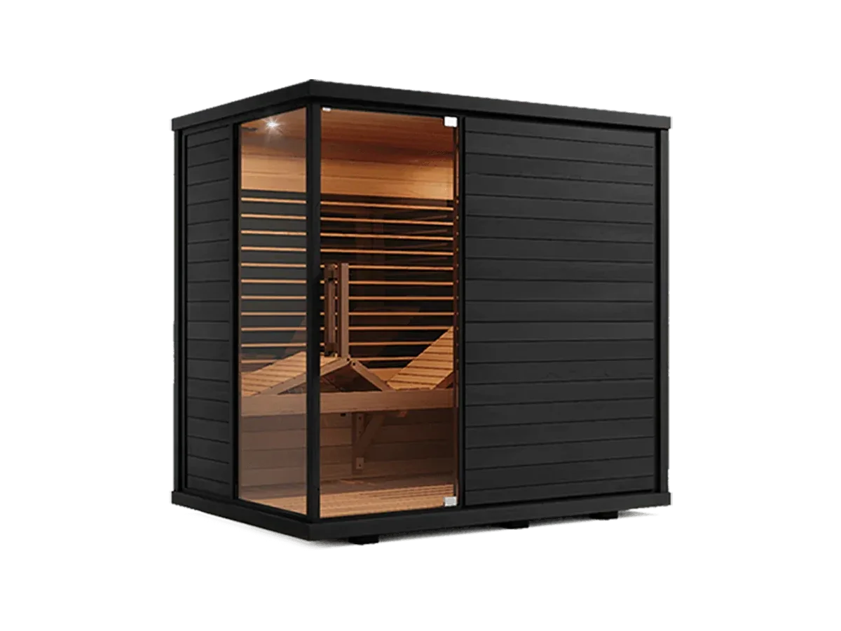 Sun Home Solstice 4-person indoor infrared sauna cabin shown alone on a transparent background.