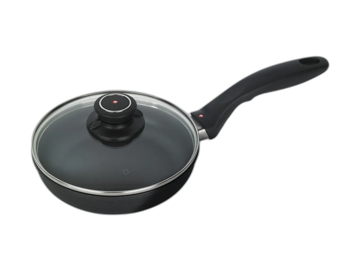 Swiss Diamond XD nonstick fry pan with glass lid.