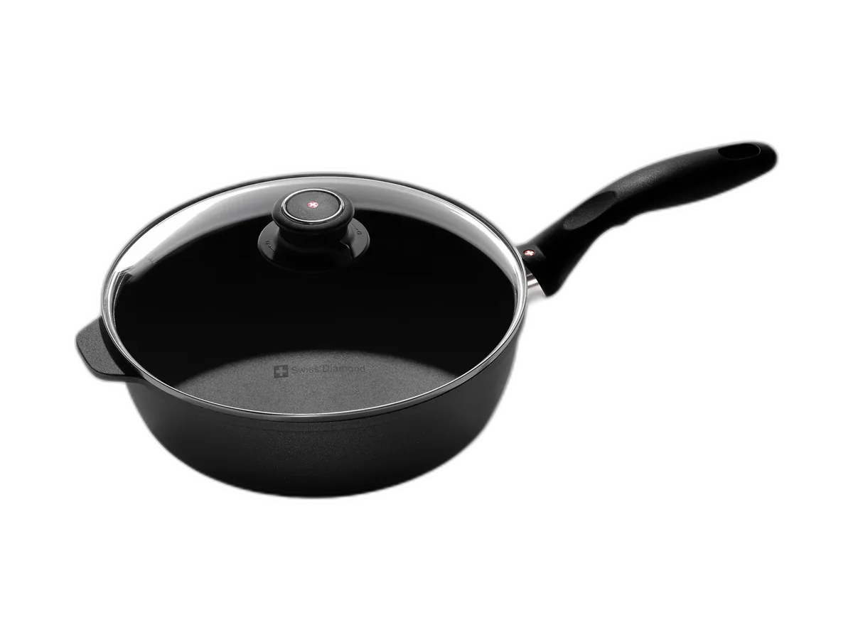 Swiss Diamond XD induction saute pan with glass lid.