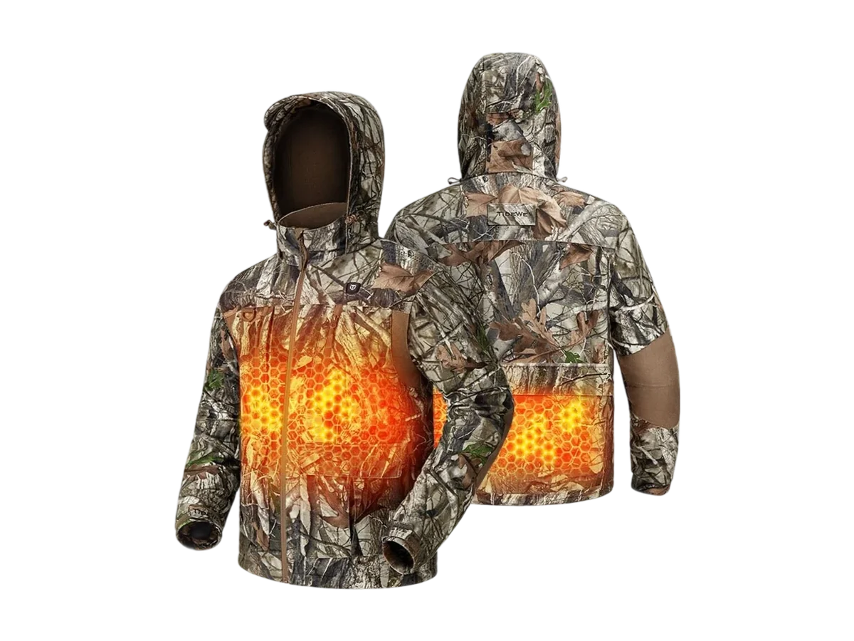 TideWe Inferno men's camo heated hunting jacket with battery pack.