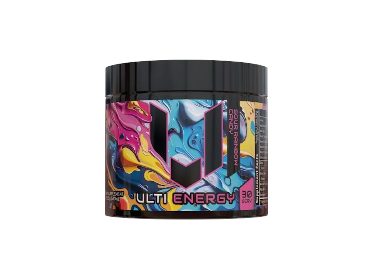 ULTI Energy Sour Rainbow Candy powder tub isolated on a transparent background.