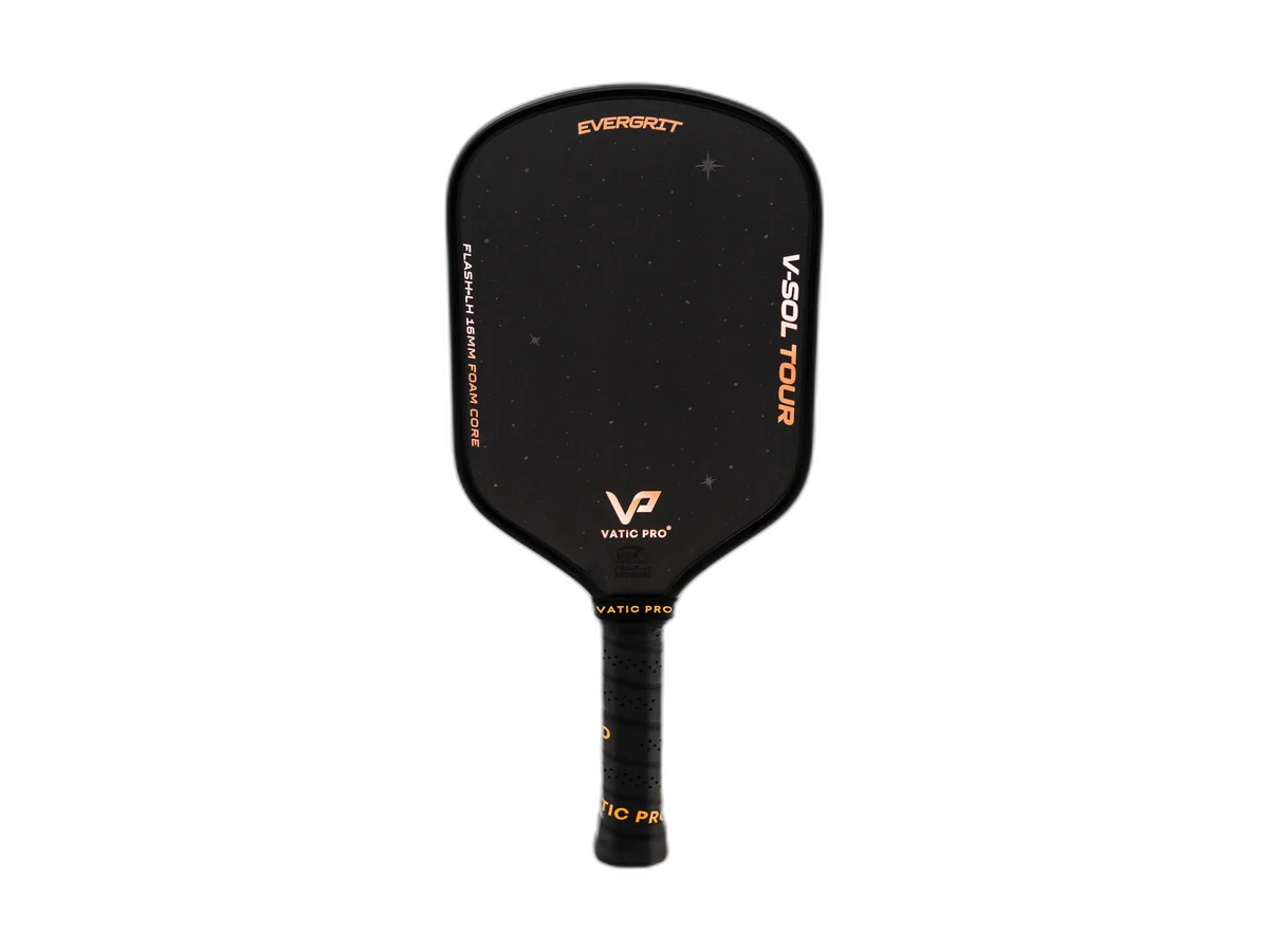 Black Vatic Pro V-Sol Tour Flash long-handle pickleball paddle isolated on a transparent background