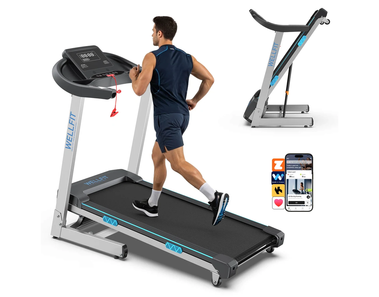 Official WellFit TM007 image showing the treadmill in use and folded for storage, on a white background.