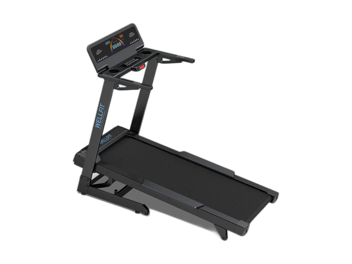 WellFit TM029 FOLD treadmill shown open with its console, side rails, running belt, and transport wheels