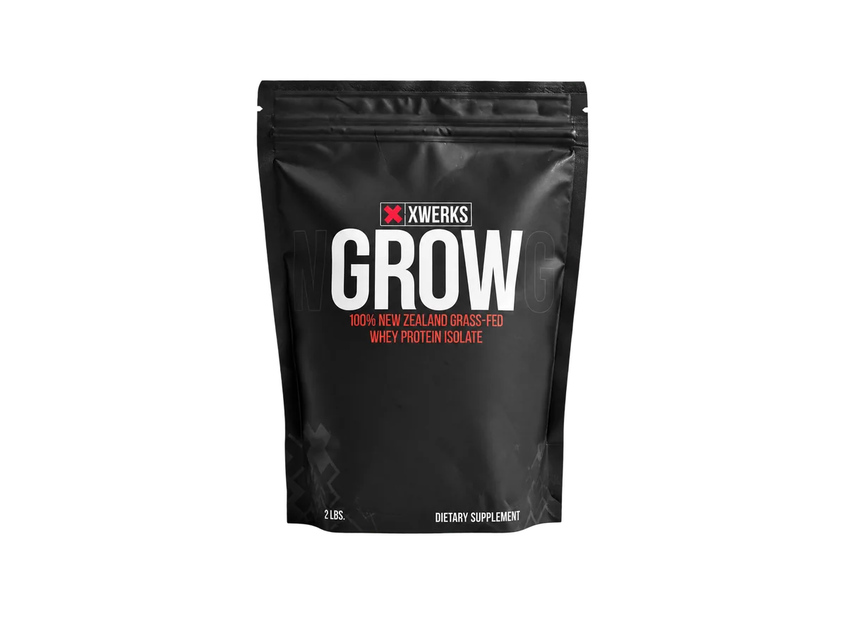 Black XWERKS Grow 2-pound chocolate whey isolate pouch.